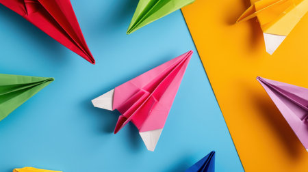 A vibrant collection of colorful paper airplanes arranged creatively on a blue and yellow background, showcasing fun, imagination, and artistic craft.の素材