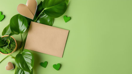 A beautifully arranged flat lay featuring green leaves, heart shapes, a blank card, and a potted plant, perfect for eco-friendly invitations and designs.の素材