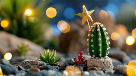 A charming cactus adorned with a golden star stands on a bed of smooth rocks, surrounded by warm bokeh lights, creating a festive atmosphere perfect for celebrations.の素材