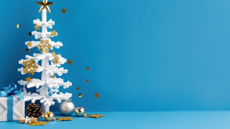 A charming festive Christmas tree decorated with silver and gold ornaments, surrounded by gifts and pinecones on a bright blue backdrop.の素材