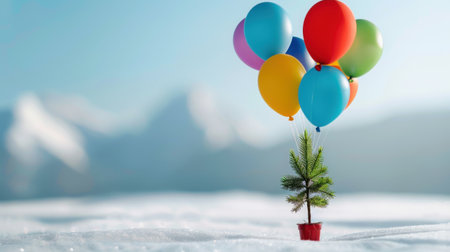 A whimsical scene featuring a small tree adorned with colorful balloons rising above a blanket of snow, with majestic mountains in the background.の素材
