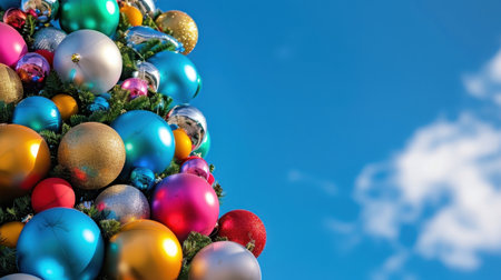 A stunning view of a Christmas tree adorned with vibrant ornaments against a clear blue sky, showcasing festive colors and joyful spirit of the holiday season.の素材