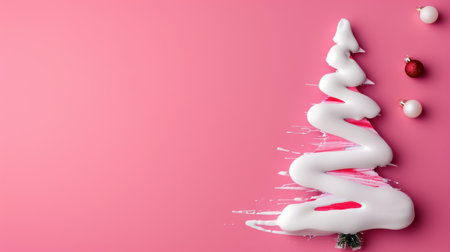 A whimsical white Christmas tree crafted from creamy frosting sits against a soft pink background, adorned with shiny decorative ornaments, evoking a playful festive spirit.の素材