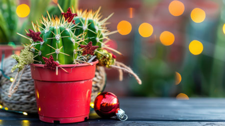 A charming festive cactus planter featuring vibrant green cacti adorned with Christmas ornaments, set against a warm bokeh background, perfect for holiday decor.の素材