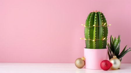 A vibrant cactus adorned with Christmas lights sits in a pink pot, surrounded by colorful ornaments on a white table against a cheerful backdrop.の素材
