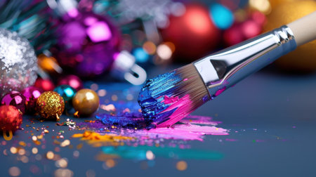 A vibrant paintbrush sits on a colorful splash of paint, surrounded by sparkling ornaments and festive decorations, evoking creativity and celebration.の素材