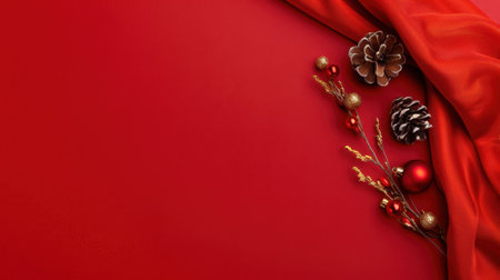 A vibrant red background showcasing festive elements like pinecones and ornaments, perfect for holiday-themed designs, greeting cards, and decorations.の素材