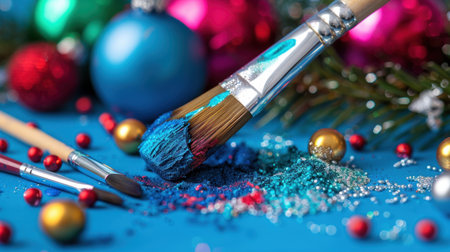 A vibrant arrangement of craft supplies featuring colorful paint, glitter, and ornaments on a blue table, perfect for holiday decoration and festive fun.の素材
