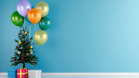 A vibrant Christmas tree stands adorned with ornaments and surrounded by colorful balloons and gift boxes in a bright blue room, creating a festive atmosphere.の素材