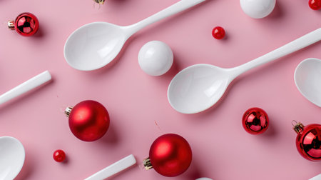 Capture the essence of the holiday season with this cheerful flat lay image featuring white spoons and vibrant red ornaments on a pink background.の素材