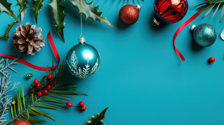 A vibrant turquoise background showcases an arrangement of festive Christmas ornaments, natural elements, ribbons, and berries, perfect for holiday cheer and decor inspiration.の素材