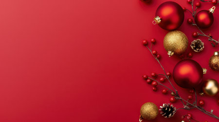 A beautiful arrangement of red and gold Christmas ornaments alongside pinecones and berries on a vibrant red background. Perfect for festive decorations.の素材