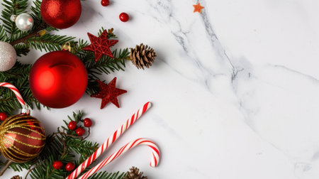 A vibrant arrangement of red and gold ornaments, candy canes, pinecones, and greenery on a sleek marble background, perfect for holiday spirit.の素材