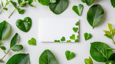 A visually appealing arrangement featuring heart-shaped green elements and vibrant foliage surrounding a blank envelope, perfect for greeting card designs.の素材