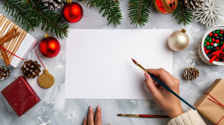 A creative workspace featuring a hand holding a paintbrush above an empty sheet of paper, surrounded by festive holiday decorations and gifts.の素材