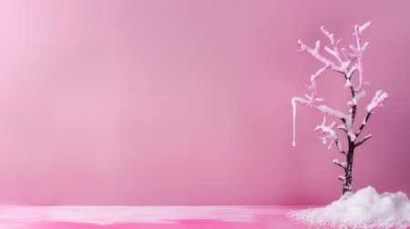 This enchanting winter scene features a frosty tree against a pink background. The delicate branches adorned with snow create a magical atmosphere, perfect for holiday themes.の素材