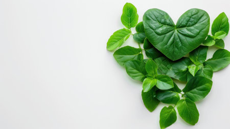 A heart-shaped leaf sits at the center, surrounded by vibrant green leaves on a light background, symbolizing love for nature and healthy living.の素材