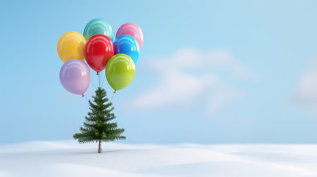 A whimsical scene featuring colorful balloons hovering over a small Christmas tree, nestled in a snowy landscape, with a serene blue sky above.の素材