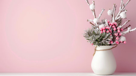 A delicate winter flower arrangement featuring pink berries and frosted evergreen branches in a white vase against a soft pink background, perfect for seasonal decor.の素材