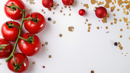 A vibrant composition featuring fresh red tomatoes alongside colorful Christmas ornaments and golden glitter on a smooth white background. Perfect for holiday cooking themes and festive decorating ideas.の素材