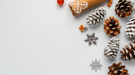 A beautiful winter-themed arrangement featuring snow-dusted pine cones, festive ornaments, and decorative elements, perfect for holiday crafting and celebrations.の素材