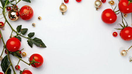 This vibrant arrangement features fresh red tomatoes and golden ornaments against a clean white background, perfect for holiday themes and seasonal recipes.の素材