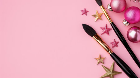 Vibrant beauty tools arranged creatively with holiday decorations on a pink background. Perfect for festive makeup inspiration and seasonal celebrations.の素材