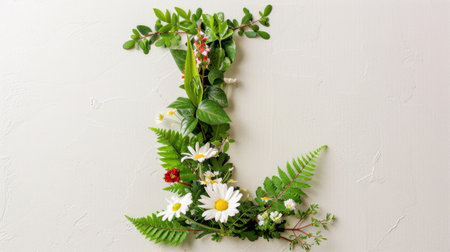 This artistic display features an L-shaped arrangement of lush greenery and delicate flowers against a soft background, showcasing a blend of natural beauty.の素材