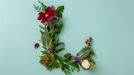 A visually striking floral design featuring a variety of colorful leaves and flowers arranged to form the letter L. Perfect for creative projects.の素材