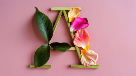 A beautifully arranged letter A, crafted from green leaves and colorful flower petals, set against a soft pink background. Perfect for artistic projects.の素材