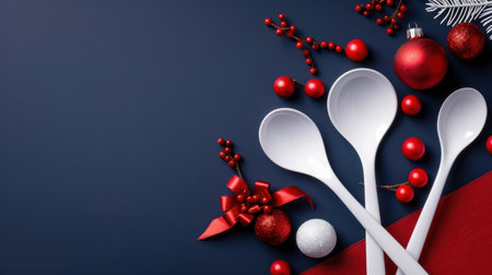 A vibrant arrangement featuring white spoons, shiny ornaments, red berries, and festive ribbons on a dark background, perfect for holiday-themed cooking and celebrations.の素材