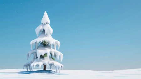 A picturesque snow-covered Christmas tree stands tall against a clear blue sky, creating a serene winter scene perfect for holiday celebrations.の素材