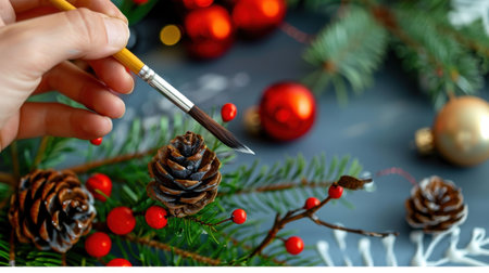 A close-up image showcasing a hand holding a paintbrush as it delicately paints a pinecone. Surrounded by Christmas ornaments and vibrant greenery, this festive scene captures the creativity of holiday crafting against a stylish gray backdrop.の素材