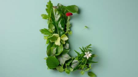 A vibrant L shaped arrangement of various green leaves and plants artistically displayed against a soft blue background, ideal for eco-friendly themes.の素材