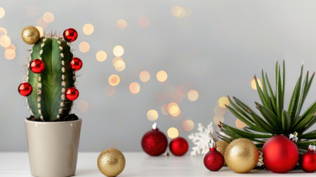 A unique decorative cactus adorned with red and gold Christmas ornaments, set against a blurred background of festive lights, creating a cheerful holiday ambiance.の素材