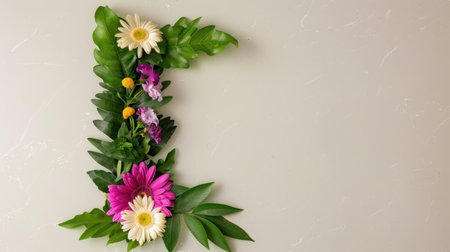 This stunning floral arrangement showcases vibrant blooms and lush green leaves against a light background, perfect for decorative purposes or artistic projects.の素材