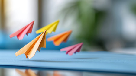 A dynamic scene featuring vibrant paper airplanes in mid-flight above a bright workspace. This image captures the essence of creativity and imagination, inviting viewers to explore and engage in playful activities.の素材