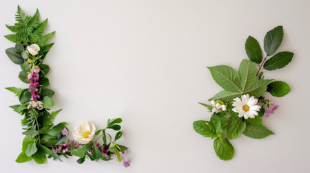 A stunning artistic arrangement showcasing an L-shaped design with fresh green leaves and vibrant white flowers, perfect for nature-themed projects.の素材