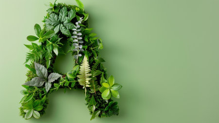 Lush green letter A constructed from diverse leaves and plants, symbolizing nature and creativity against a smooth green backdrop. Perfect for designs!の素材