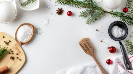 A beautifully arranged overhead view of festive cooking ingredients and holiday decorations on a white background, perfect for seasonal baking inspirations.の素材