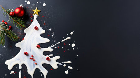 A visually stunning representation of a Christmas tree created with spilled milk, adorned with red ornaments and pine branches, perfect for holiday themes.の素材