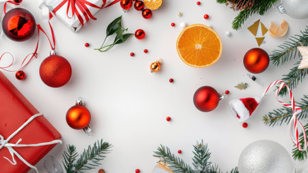 This vibrant holiday arrangement features festive decorations including colorful ornaments, gifts, and fresh oranges, radiating a joyful celebration spirit.の素材
