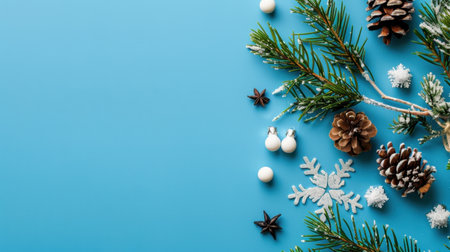 A captivating festive arrangement featuring pine cones, snowflakes, and fresh greenery against a soothing blue background, perfect for holiday crafts and decorations.の素材