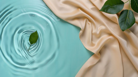 A peaceful composition featuring a green leaf floating on calm water surrounded by soft fabric, evoking a sense of tranquility and wellness.の素材