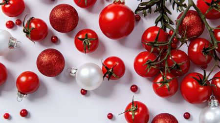 A vibrant display of red ornaments and cherry tomatoes set against a clean white background, perfect for conveying festive spirit and culinary creativity.の素材