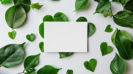 A vibrant arrangement of fresh green leaves frames a blank card on a white surface, ideal for creative projects, invitations, or nature-themed designs.の素材