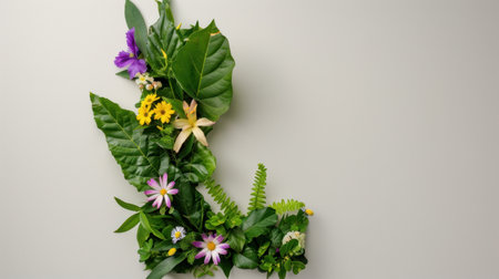 This artistic composition features a blend of vibrant green leaves and colorful flowers, creating a lively natural arrangement against a neutral background.の素材