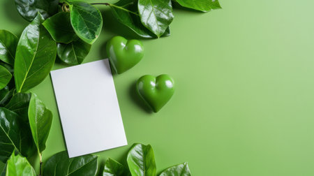 This image features green leaves surrounding heart-shaped soaps and a blank card, ideal for eco-friendly beauty product promotions and natural wellness themes.の素材