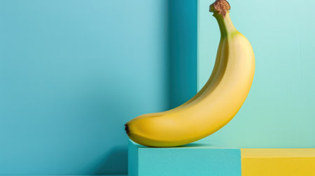 This artistic image showcases a vibrant yellow banana resting on colorful blocks of aqua and yellow. The composition highlights freshness and creativity in food photography, perfect for trendsetting culinary designs.の素材