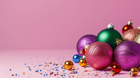 A beautiful arrangement of colorful Christmas ornaments scattered with glitter on a soft pink background, perfect for holiday celebrations and decoration inspiration.の素材